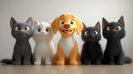 Adorable Cartoon Pets: A Golden Retriever Puppy and Three Kittens