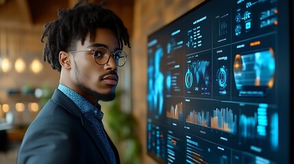 Focused man analyzing data on large screen. (1)