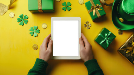 Close-up of a man in a green sweater holding a tablet with an empty screen. St. Patrick's Day celebrations in March. A mockup of a stylish modern tablet, top view, on a yellow background