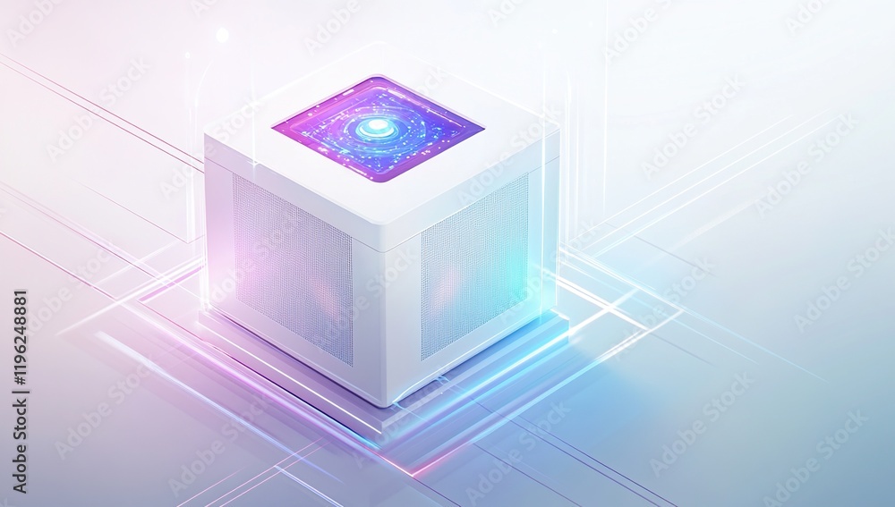 Poster exploring futuristic data cube: advanced technology's digital core, illuminated with neon hues, reve