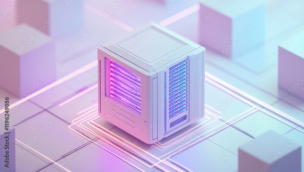 Poster exploring futuristic server technology: data center innovation with neon lighting, advanced cooling 