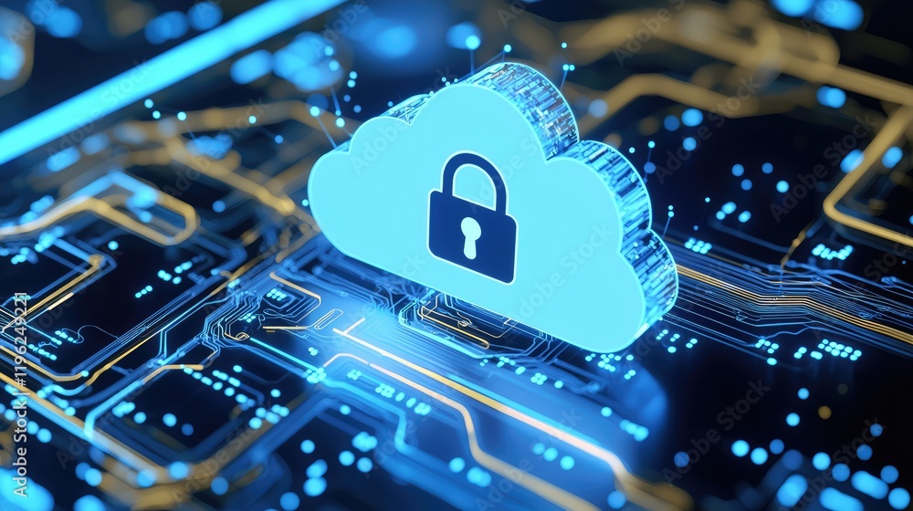Poster A bright blue cloud with a padlock sits on a glowing circuit board, symbolizing secure data storage. Ideal for cybersecurity, cloud computing, and IT infrastructure content