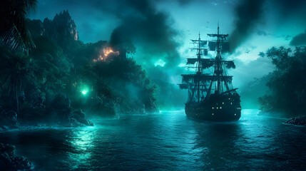 A mysterious ship sails through a dark, foggy sea, illuminated by eerie green lights and surrounded by shadowy landscapes