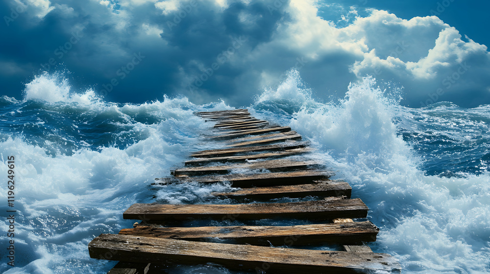 Poster a weathered wooden pier extends into turbulent ocean waters under a dramatic sky filled with clouds,