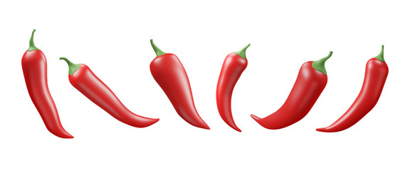Set of 3d chili capsicum pepper. Various red hot vegetables. Cayenne ingredient. Fresh organic product. Cartoon vector illustration. Farm food objects.