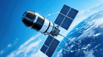 A high-tech satellite is orbiting Earth, equipped with solar panels and communication technology, set against a clear blue sky.
