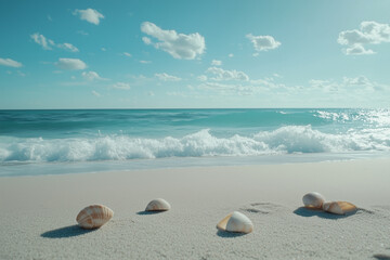 A tranquil beach with white sand, turquoise waves gently rolling onto the shore, and scattered seashells glistening under the bright sun