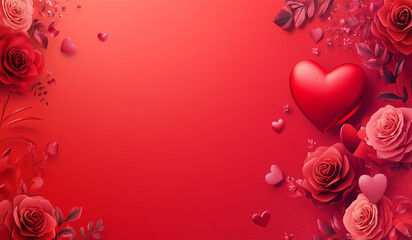 Valentine's Day banner with elegant design, decorated with red heart illustration and pink roses on the edge, red and pink gradient background with soft light effect, Ai generated images.