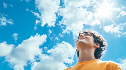 A photograph of a person feeling hopeful and inspired gazing up at the vast open sky with a slight smile conveying a sense of promise potential and possibility for the future. Rainspire. Illustration
