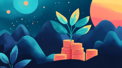 A plant growing on coins symbolizes financial growth, sustainability, and investment opportunities in a serene, nature-inspired setting. Rainspire. Illustration