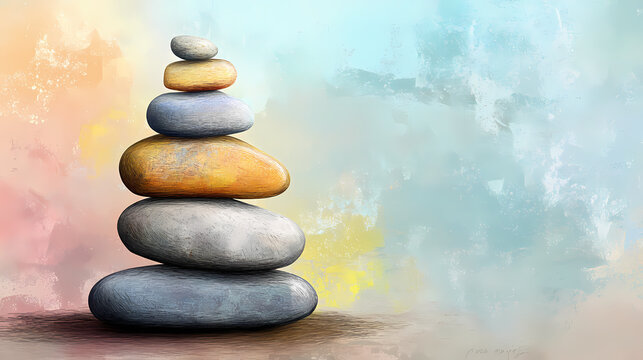 A serene composition of stacked stones, showcasing textures and colors that inspire calm and tranquility. Rainspire. Illustration
