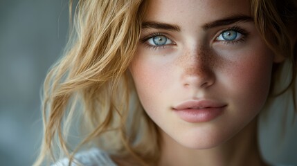 Fototapeta premium Stunning close-up portrait of a young woman with beautiful blue eyes and freckles. The image focuses on her facial features.