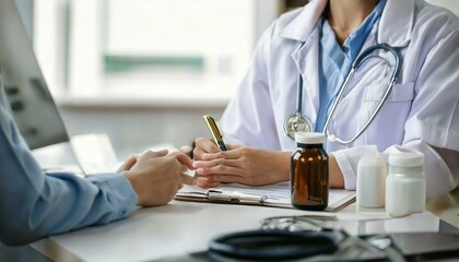 Professional doctor working with patient at white table in hospital,