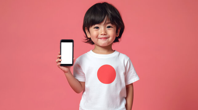Phone mockup. Japan Day. A cute little Japanese girl in a white T-shirt holds a phone in her hand with an empty white screen on a pink background. The Japanese flag