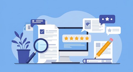 Content research and writing, publishing article blog on web and social media, conceptual vector illustration.
