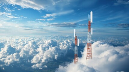 Two tall communication towers rise above fluffy clouds under a bright blue sky, symbolizing connectivity and technology.