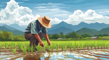 A farmer is planting rice in the field, with a beautiful view of the mountains