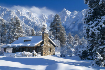 Snowy Mountain and Cottage: A peaceful winter scene with snow-covered mountains in the distance, and a stone cottage, surrounded by tall pine trees dusted with snow under a crisp blue sky.