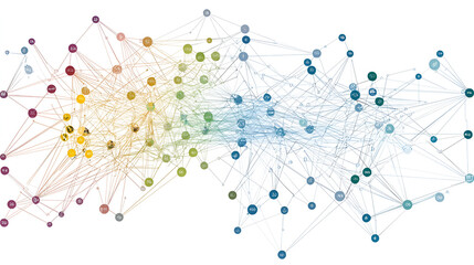 Colorful network graph visualization, data analysis, complex system, interconnected nodes, abstract background, for presentations