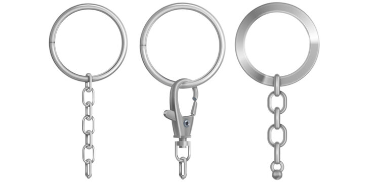 Collection Of Realistic Key Rings With Chain Vector Illustration.	