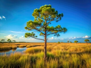 Fototapeta premium South Florida's marsh pines stretch towards a vibrant blue sky, a nature reserve's serene beauty captured.