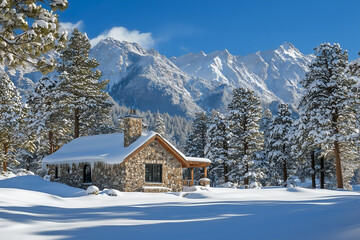 Snowy Mountain and Cottage: A peaceful winter scene with snow-covered mountains in the distance, and a stone cottage, surrounded by tall pine trees dusted with snow under a crisp blue sky.