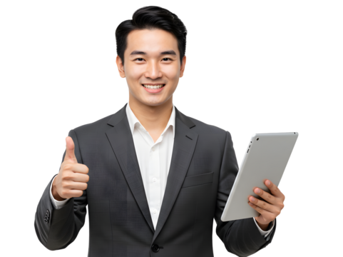 Attractive businessman smiling, holding a tablet and giving a thumbs up gesture.