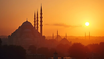 Fototapeta premium A time-lapse of a sunrise behind a mosque with the silhouette of its minarets and the call to prayer echoing in the background.
