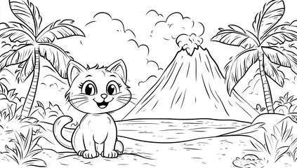 Adorable Kitten Coloring Page: Tropical Island Volcano Scene with Palm Trees and Ocean