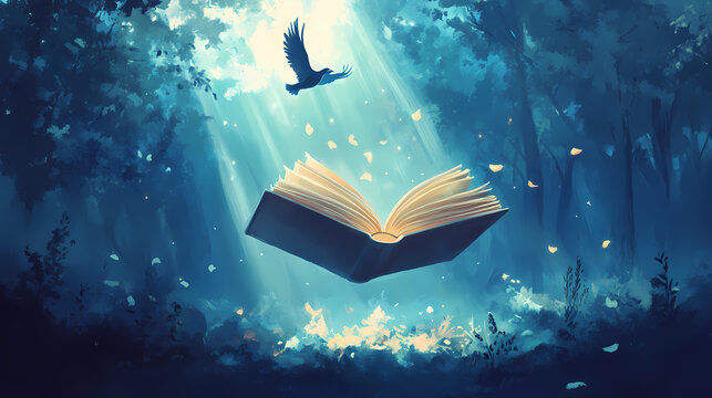 A beautiful scene of a book floating in the air with a bird flying nearby, illuminated by soft sunlight, creating a magical and inspiring atmosphere. Rainspire. Illustration