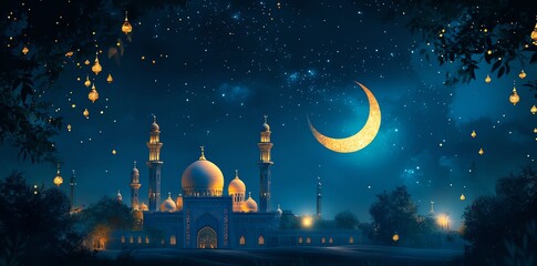 Naklejka premium Serene Night Mosque: Golden Crescent Moon, Starry Sky, and Illuminated Lanterns