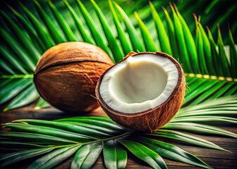 Sun-drenched coconut, halved, reveals creamy interior; lush tropical leaves frame the still life.