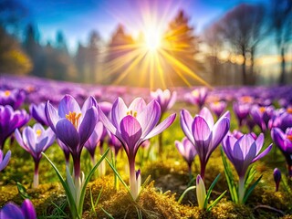 Sunlit purple crocuses fill a miniature meadow, tilt-shift photography captures its charming scale.