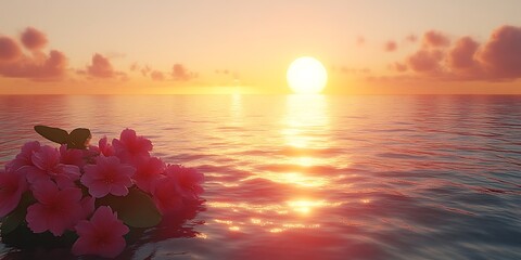 Pink flowers floating on calm ocean at sunset.