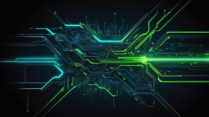 Obraz premium Futuristic vector abstract with glowing circuitry lines in electric blue and neon green on a dark background.