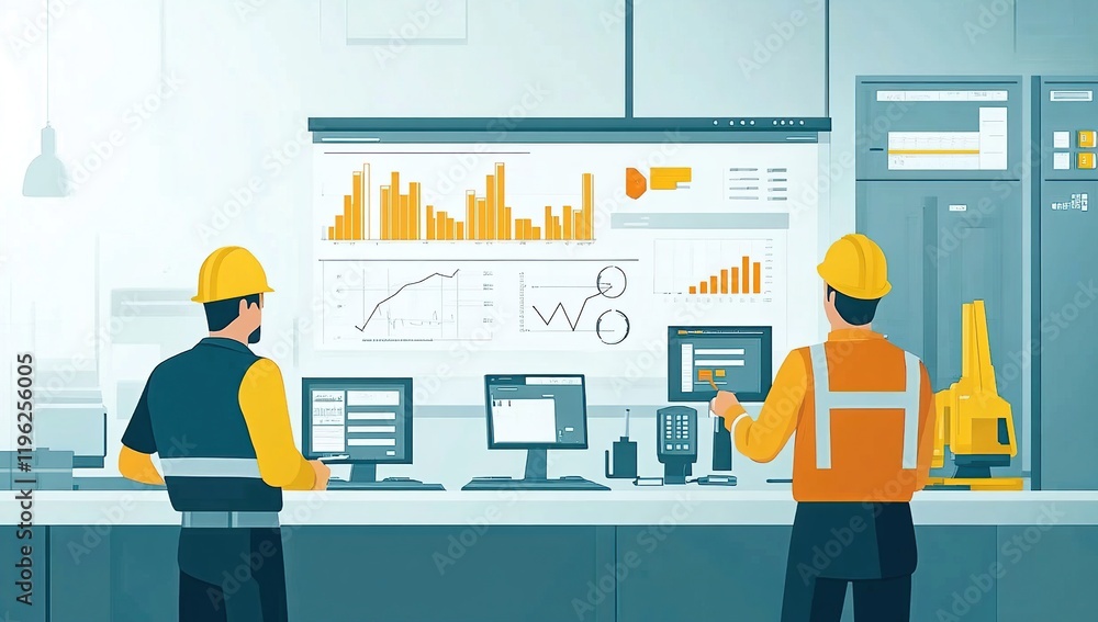 Poster industrial workers analyze data charts on monitors, improving efficiency with technology in a modern