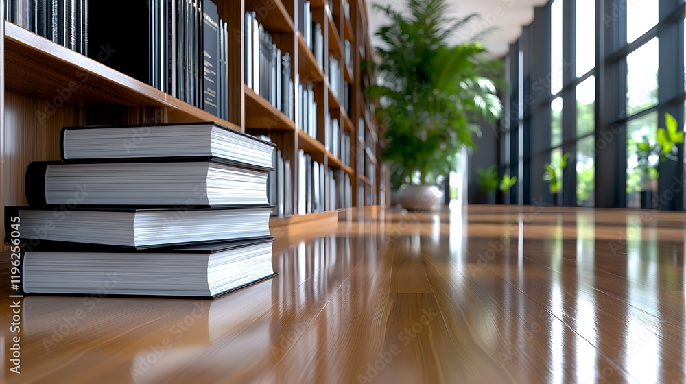 Poster stack of books in modern library setting