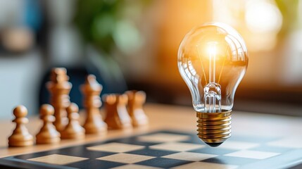 A light bulb hovers above a chessboard with wooden pieces, symbolizing creativity and strategic thinking in a bright, innovative environment.