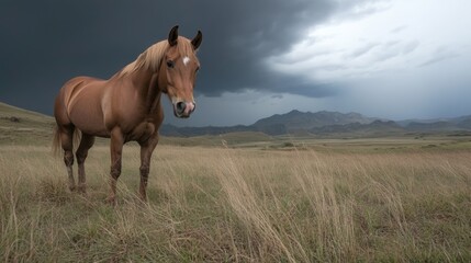 A beautiful horse stands confidently in a wide-open field, with tall grass swaying gently. Dark clouds loom overhead, hinting at an approaching storm. The distant mountains add depth to the landscape