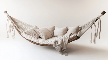 A stylish, cushioned hammock with a calming ambiance, draped in soft textures, isolated on a white backdrop.
