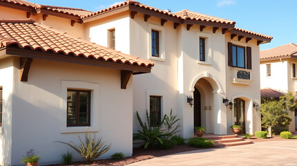 Fototapeta premium Mediterranean Style Luxury Home Exterior: Elegant Architecture and Landscaping