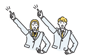 シンプル　イラスト　未来を指差す学生の男子と女子
