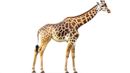 Fototapeta premium Majestic Giraffe in Profile Against a Pure White Background A Stunning Image of an African Giraffe
