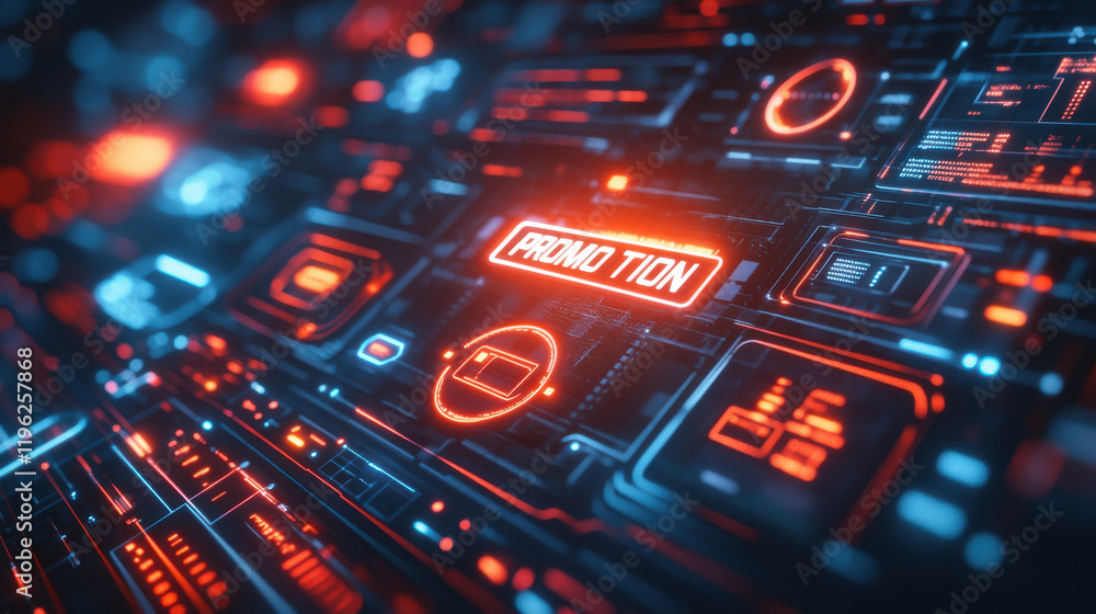 Poster futuristic digital interface with glowing elements and promotional text, showcasing advanced technol