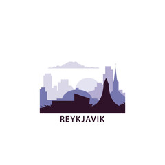 Obraz premium Reykjavik logo with skyline, cityscape retro vector icon. Iceland city horizon, facade, travel logotype