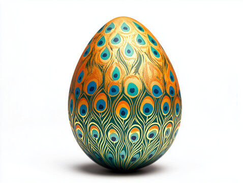 an Easter egg with a peacock tail pattern of eyespots on a white background