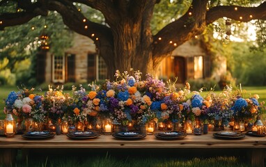Rustic outdoor table setting with vibrant floral centerpiece at sunset.