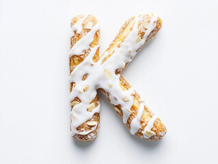 a letter K made of danish kringle with white icing. top view. Minimalistic design on a plain white background