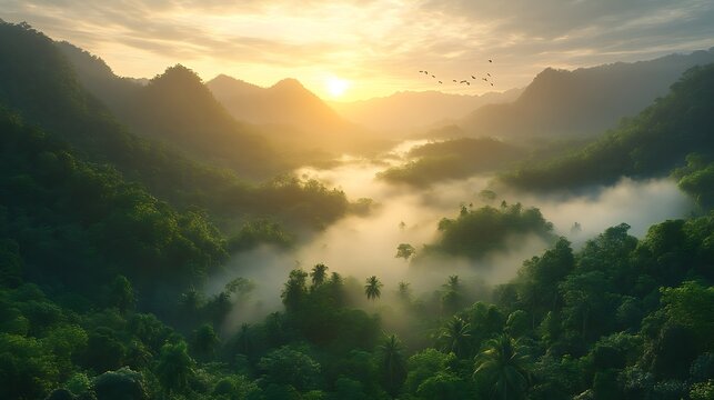 Sunrise over misty mountain valley.