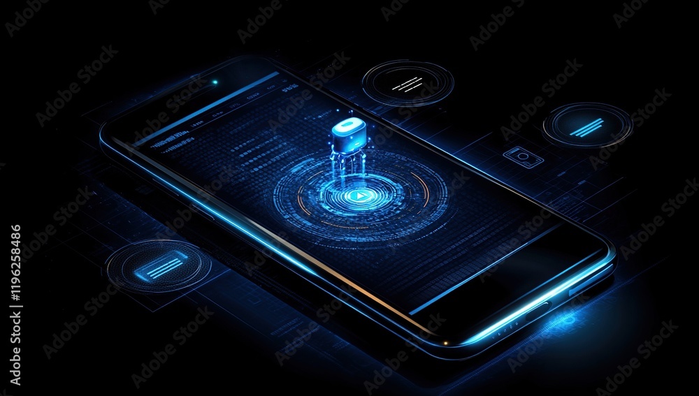 Poster digital avatar enters smartphone screen: futuristic interface technology demonstrated, exploring mob